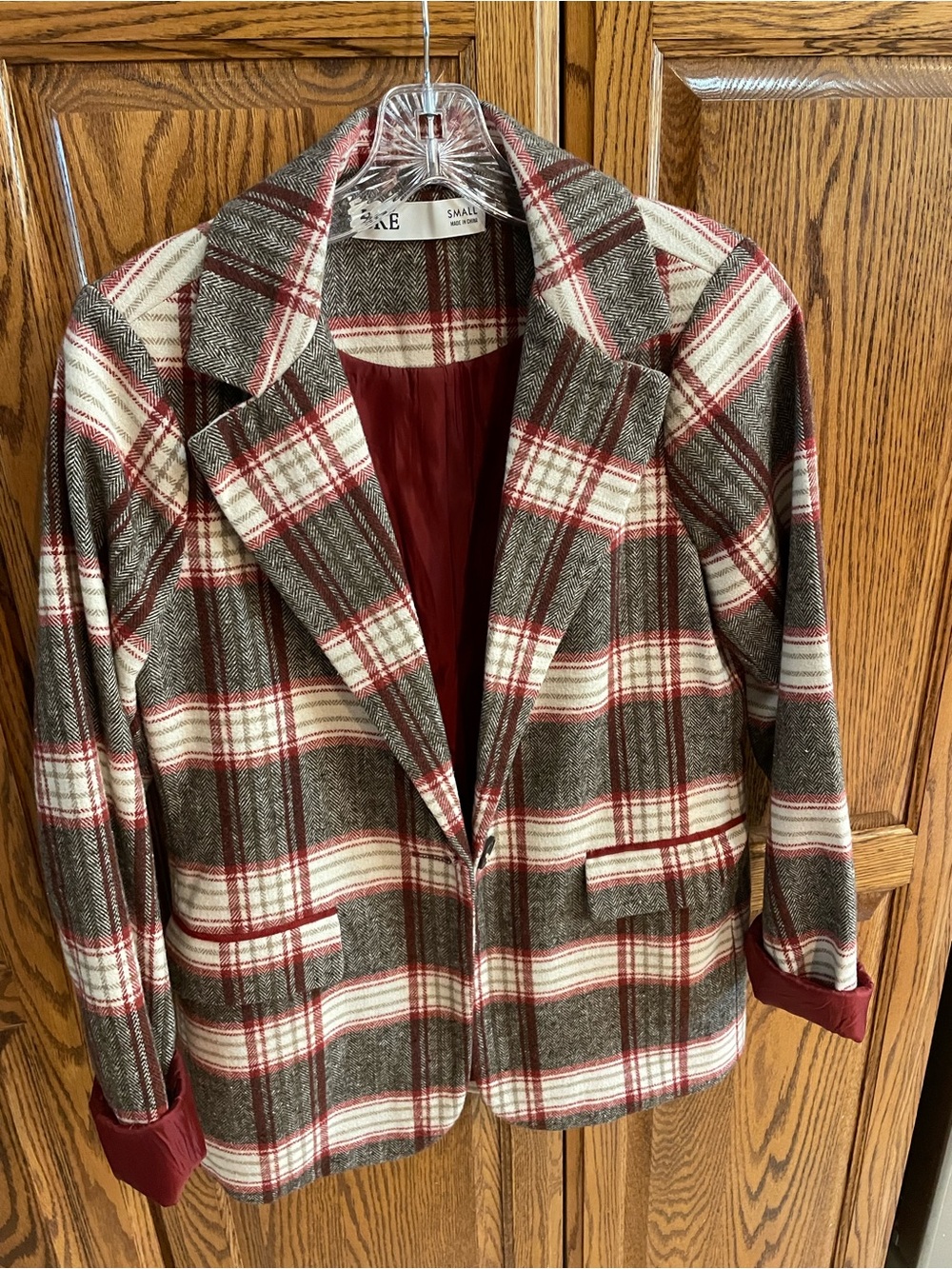 BKE Plaid Blazer in Red, Brown & Cream